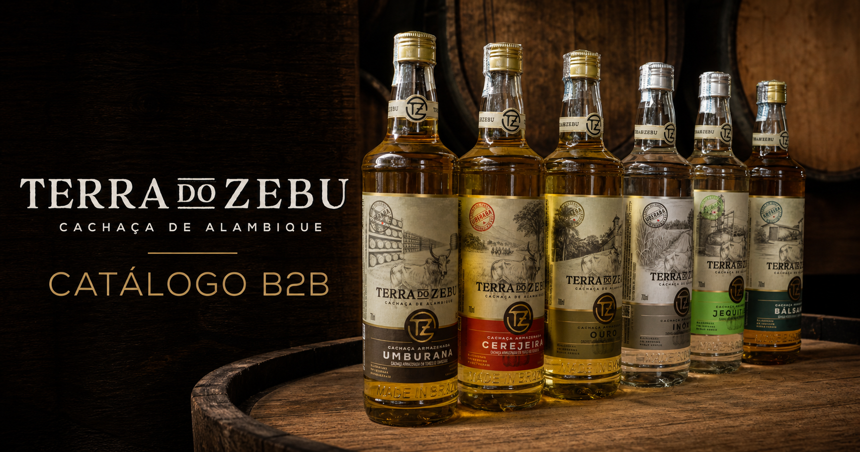 Linha de cachaças Terra do Zebu apresentada em uma adega de barris